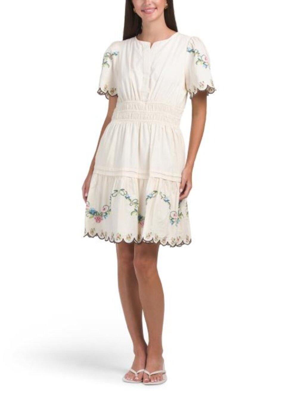 LEA Short Sleeve Needlepoint Embroidered Ruched Waist Mini Dress